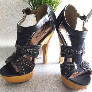 🔖Y2K CLUB COUTURE💙Open Toe Blue Denim Stud Platform Heel Sandals